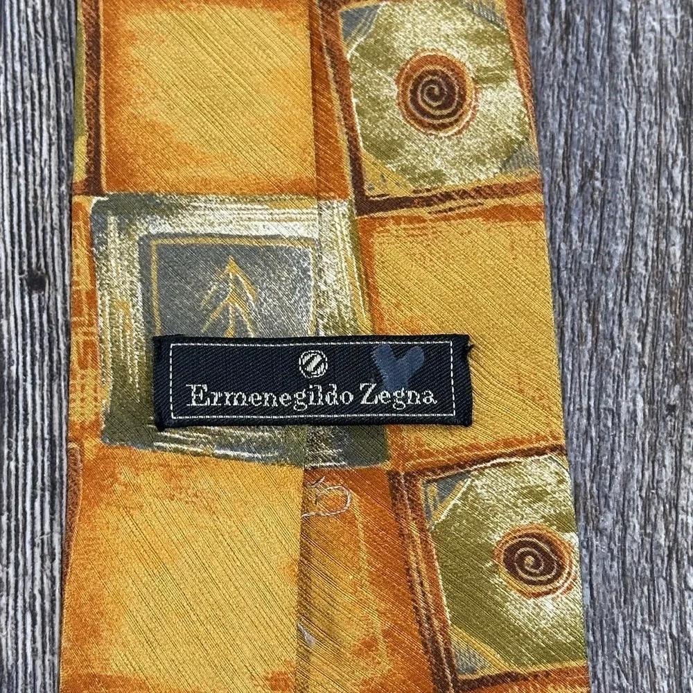 Ermenegildo Zegna 100% Silk‎ Tie Geometric Square Pattern Gold Orange Gray Italy